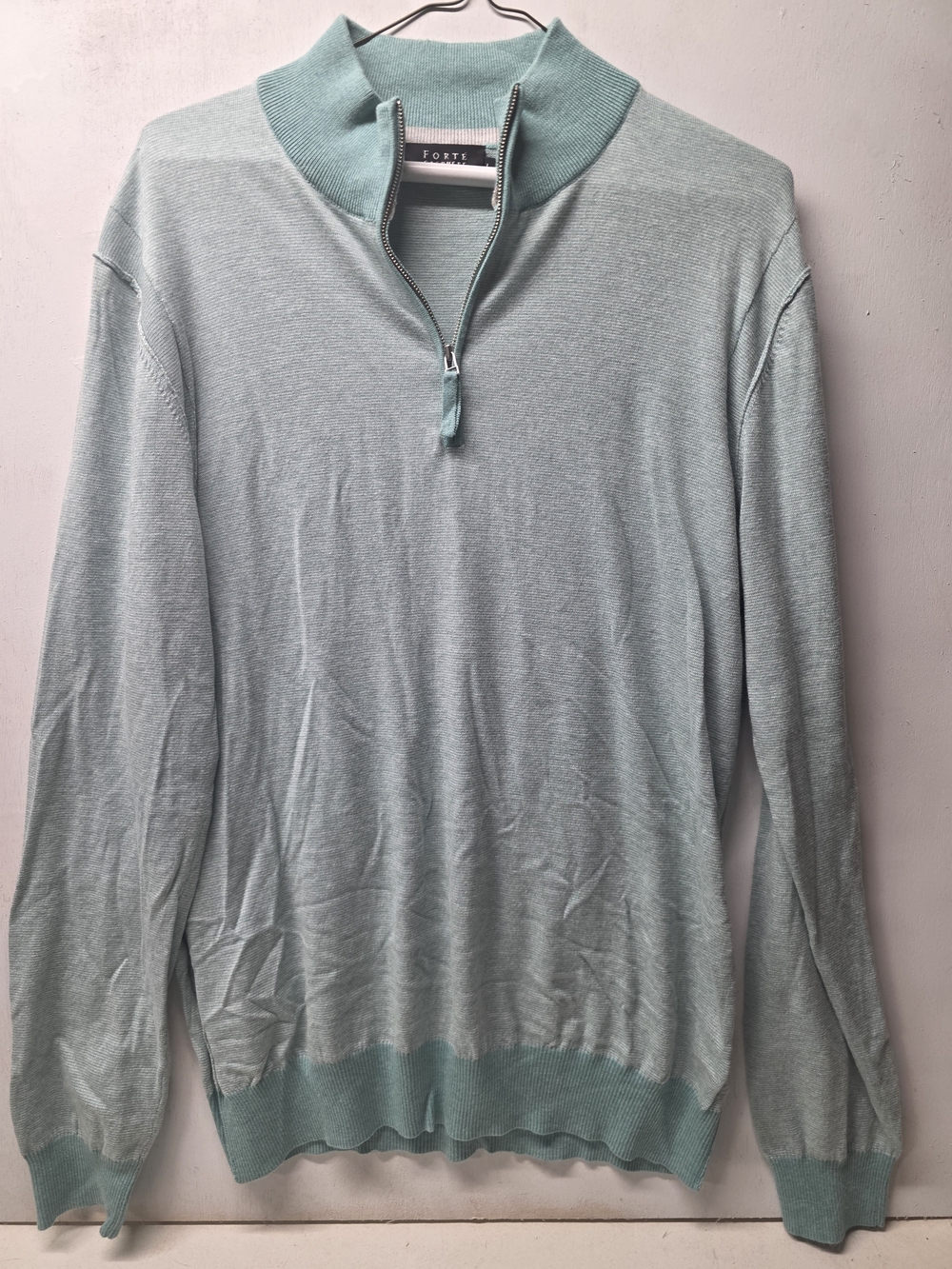 Forte Cashmere Men's L 1/4 Zip Sweater Cotton Silk Cashmere Blend Mint Green